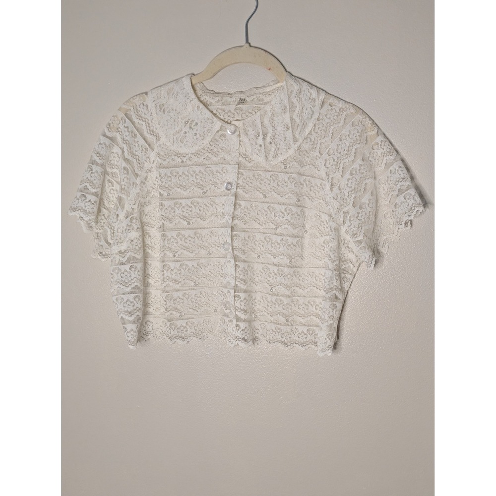 Edwardian White Floral Lace Pearl Button Front Blouse Peter Pan Collar Crop Top